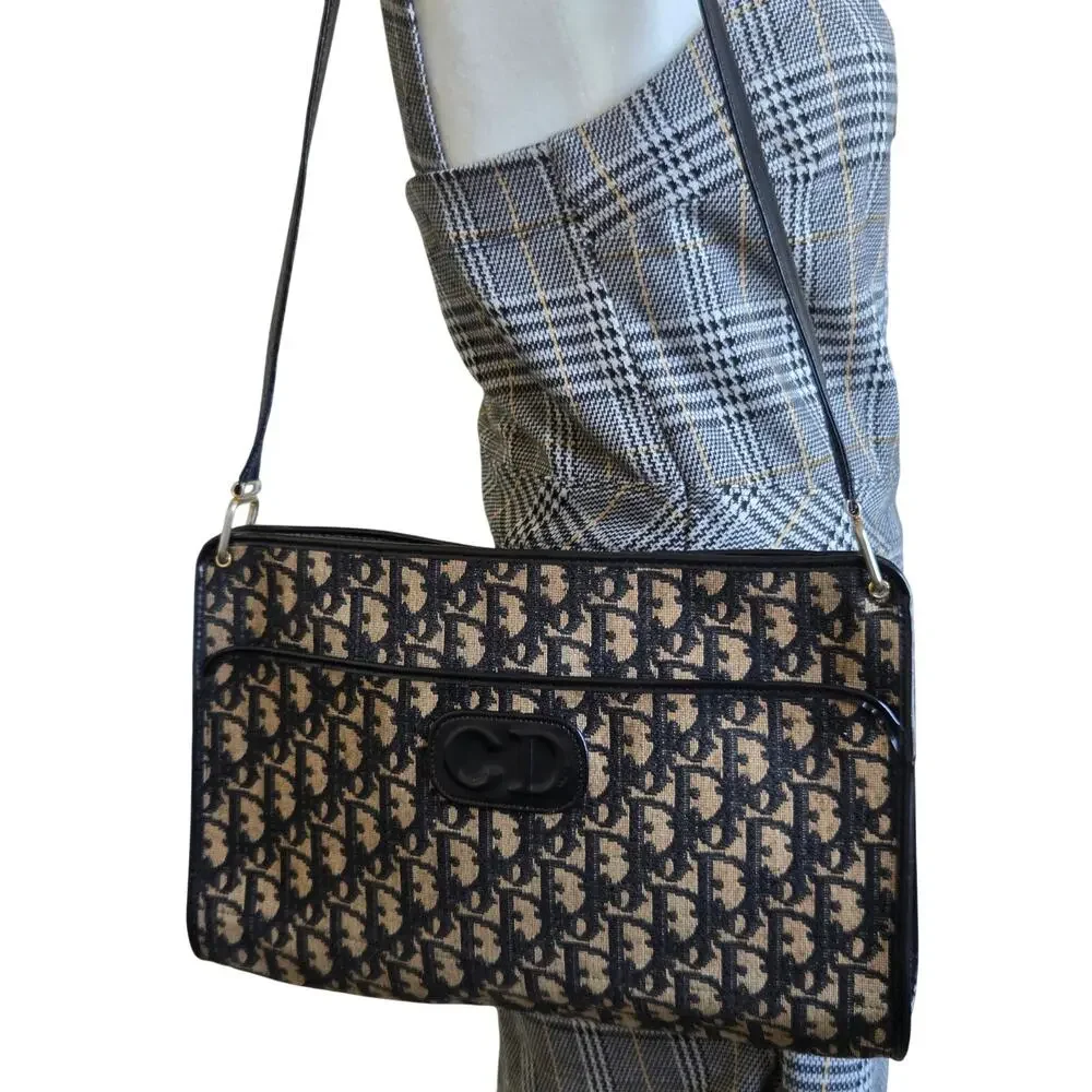 Christian Dior Trotter Monogram Shoulder Bag Navy Canvas CD Logo Vintage - Picture 3 of 16